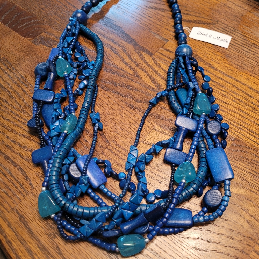 NEW blue wooden beaded necklace with matching earrings